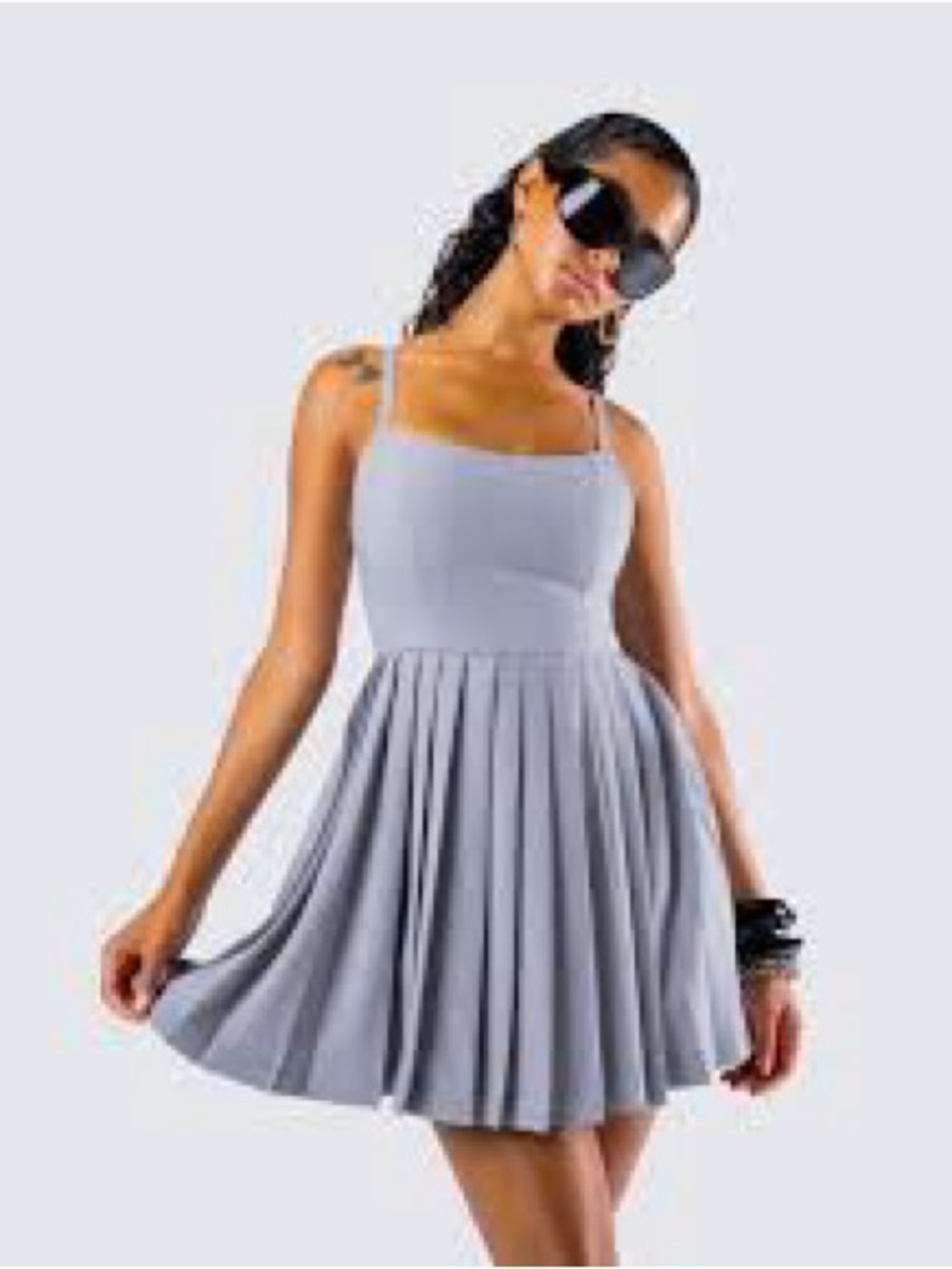 Outdoor Voices Exercise dress dusty blue Gray Pleated Mini Dress built in shorts